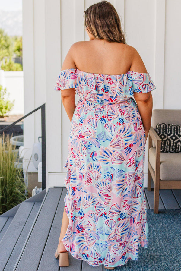 Plus Size Fashion Pink Sea Shell Print Ruffled Sleeve Long Maxi Dress
