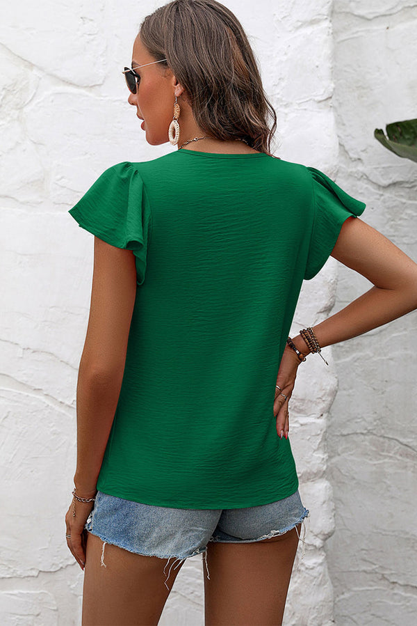Dark Green Top Women's Fashion Solid Color Textured Pleated Flutter Sleeve Blouse