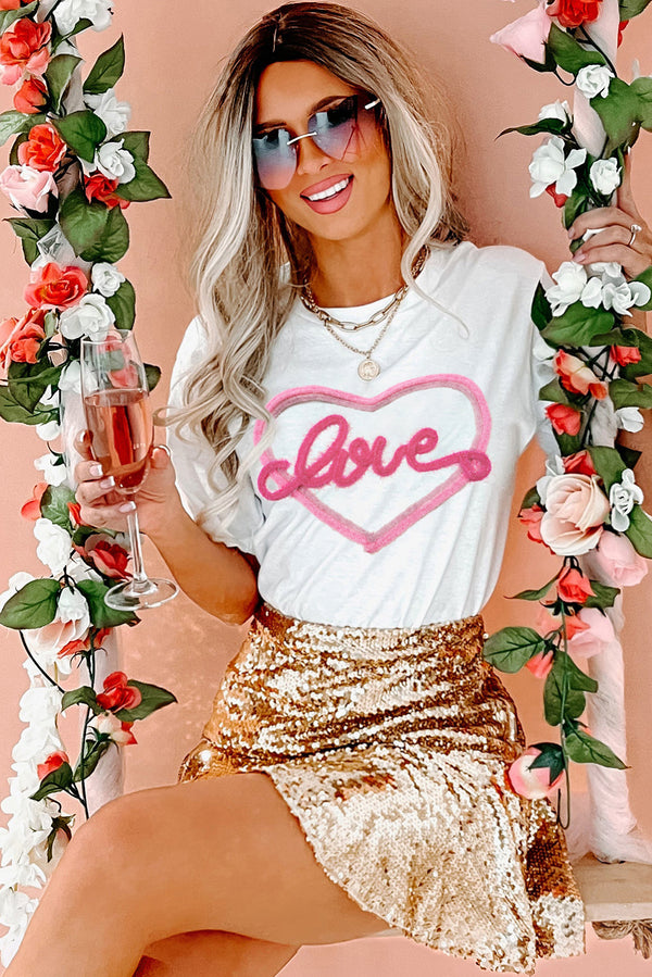 Women's White Valentine Love Tinsel Graphic T-shirt