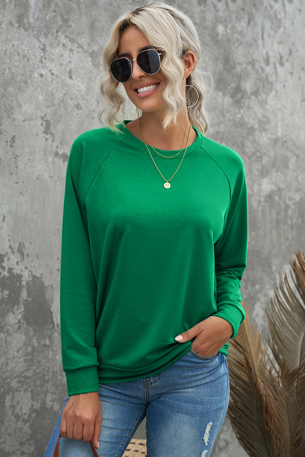 Green Solid Round Neck Raglan Sleeve Sweatshirt Cotton Sweaters ladies fashion