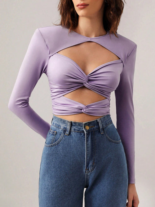 Sexy Sexy Front Chest Hollow Out Cutout out Slim Fit Long Sleeve Milk Silk Short Top