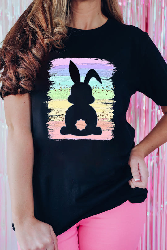 Easter T Shirt Black Rainbow Splash Easter Rabbit Graphic Tee Ladies Fashion and Easter Gifts