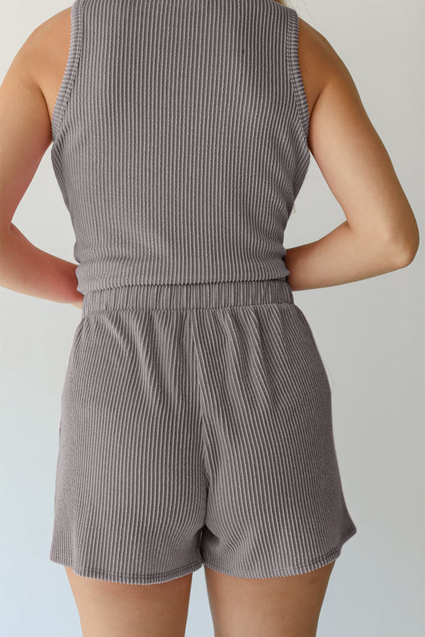 Medium Grey Corded Sleeveless Top and Pocketed Shorts Set Two Piece fashion Outfit Matching Set