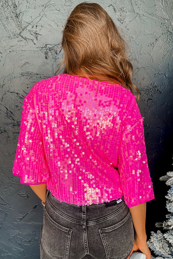 Women's Hot Pink Sequin Shirt Round Neck Half Sleeve Top