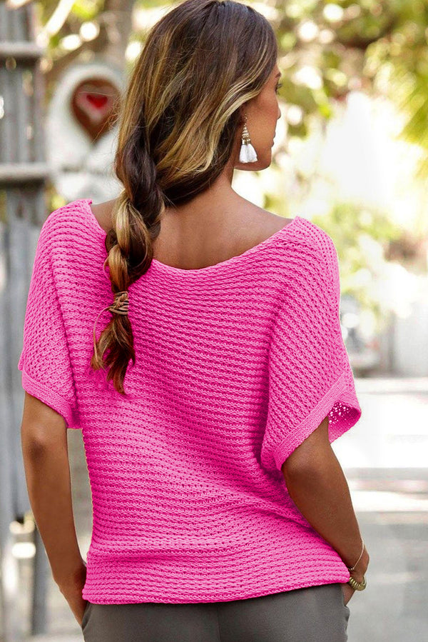 Women's Crochet Short Sleeve Shirt Pink Solid Loose Knit Short Dolman Sleeve Sweater KESLEY