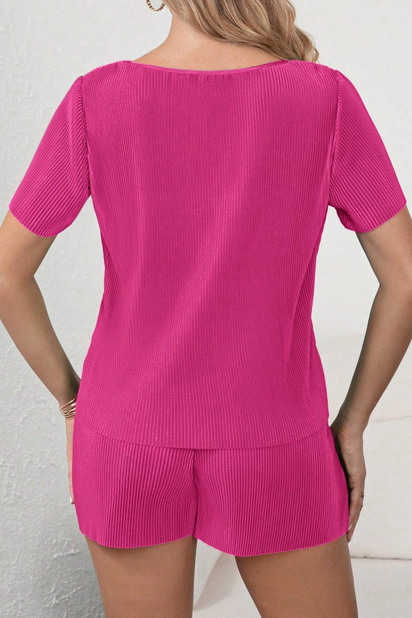 Bright Pink Casual Pleated Short Two-piece fashion Set
