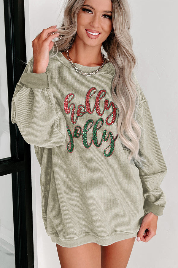 Green Sequined holly jolly Graphic Corded Holiday Christmas Sweater Sweatshirt