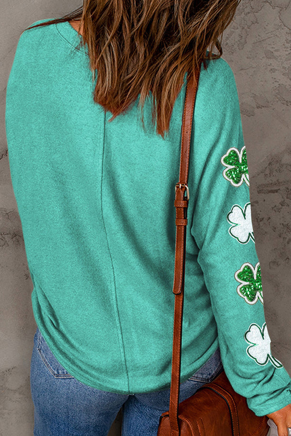 Women's St Patricks Day Shirt Green Sequined St Patrick Clover Patched Long Sleeve Top