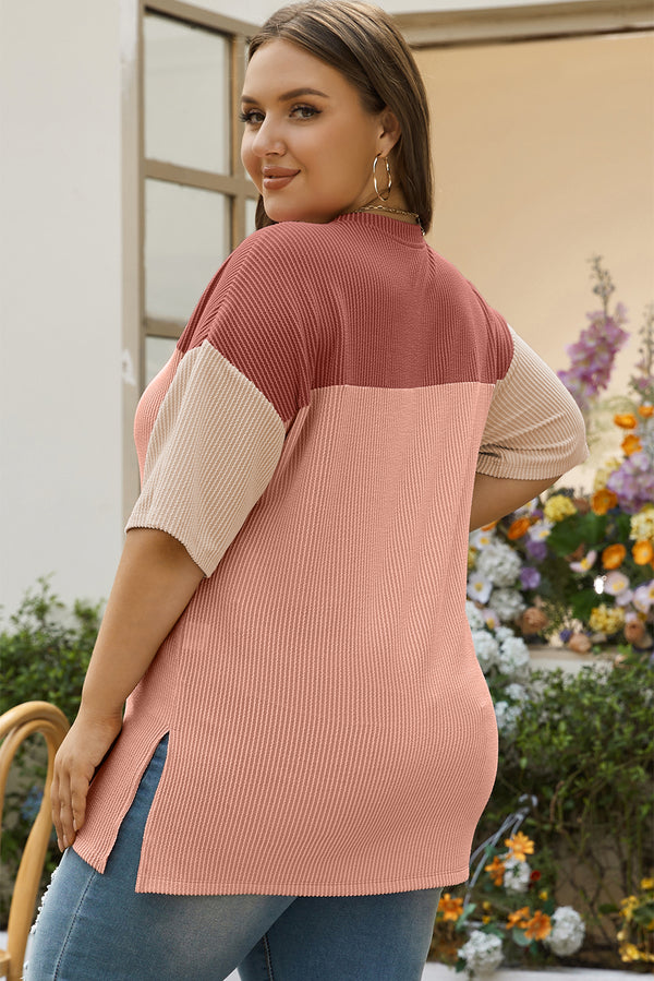 Rose Pink Plus Size Ribbed Colorblock T-shirt Ladies Fashion Casual Wear
