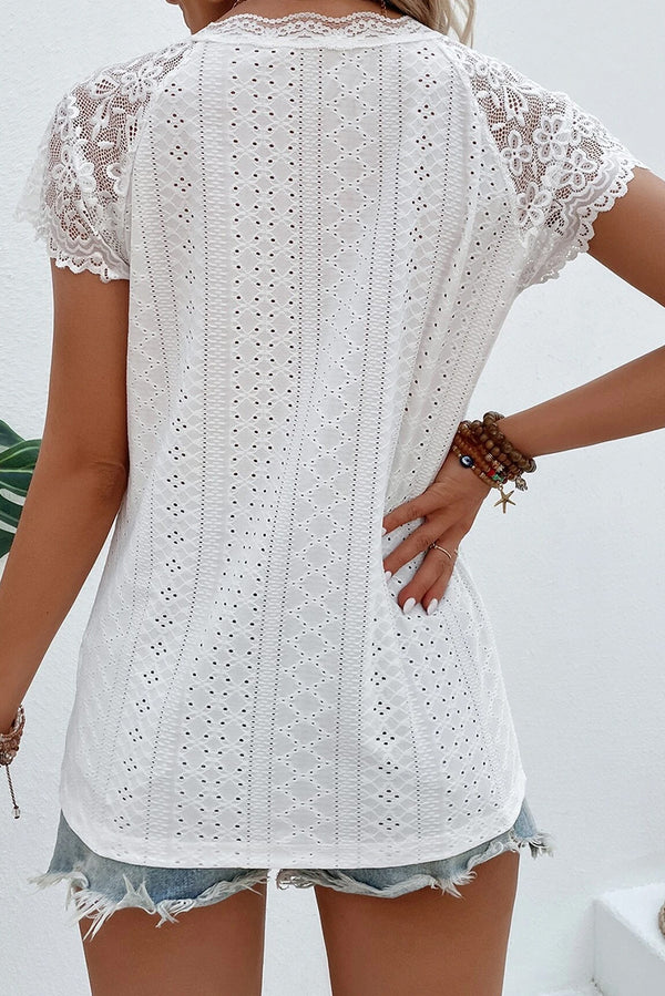 White Womens Shirt Sheer Lace Short Sleeves Eyelet Embroidered Tee Womens Fashion