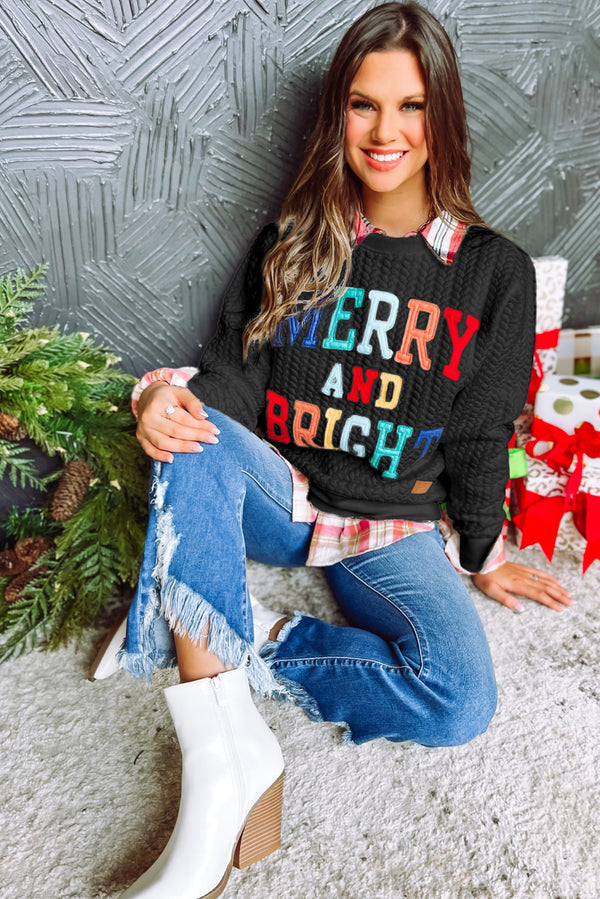Black Merry And Bright Cable Knit Pullover Sweatshirt Holiday Christmas Sweater