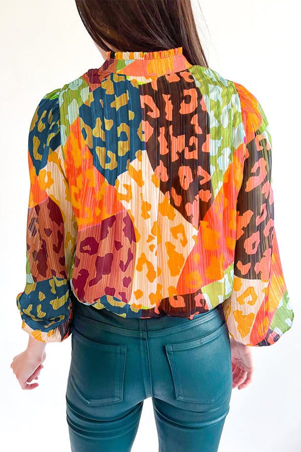 Women's Casual Long Sleeve Shirt Orange Leopard Patchwork Print Pleated Blouse