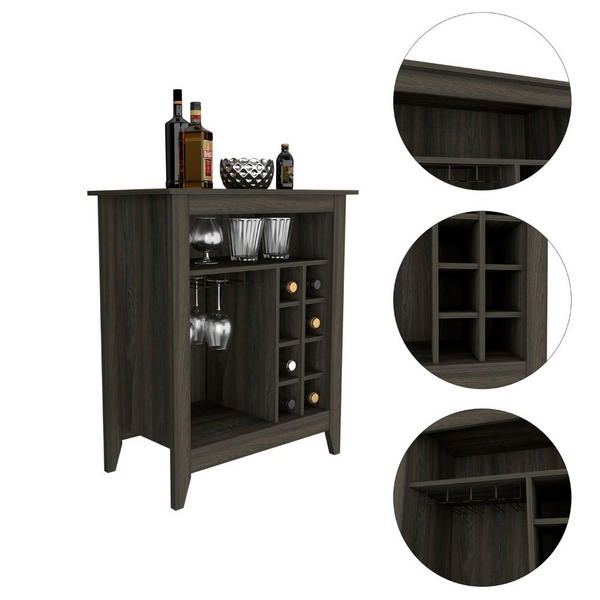 Wine Bar Cabinet Castle, One Open Shelf, Six Wine Cubbies, Carbon Espresso furniture wine cellar