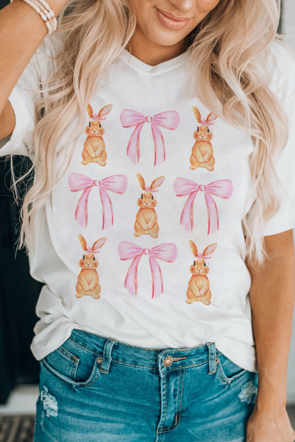 Easter Day Shirt Women's fashion White Rabbit Bow Knot Print Crew Neck T Shirt and Easter Gifts