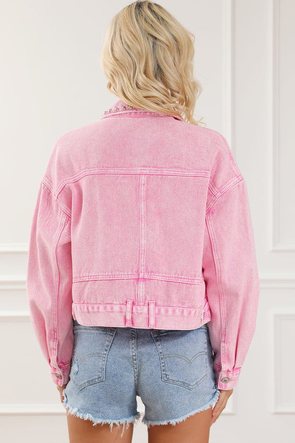 Pink Denim Jacket 100% Cotton Premium Luxury Fashion Women’s Rivet Studded Pocketed Light Pink Denim Jacket