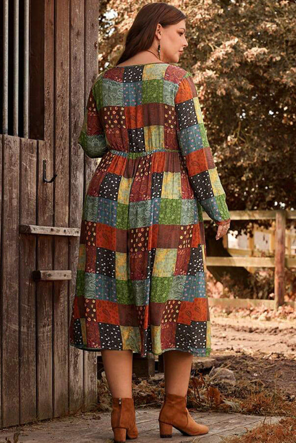 Boho Print Dress Casual Long Sleeve Green Printed Multicolor Western Checkered Plus Size Swing Dress with pockets