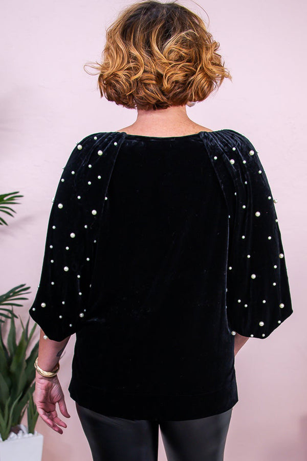 Black Pearl Embellished Puff Sleeve Velvet Plus Size Top