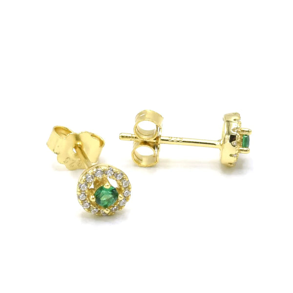 Round Emerald Gold Stud Earrings, .925 Sterling Silver Halo Diamond Cubic Zirconia Round Dainty Stud Earrings