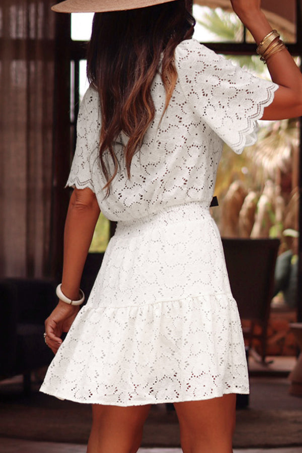 White Scalloped Floral Lace Crochet Short Sleeve Mini Dress