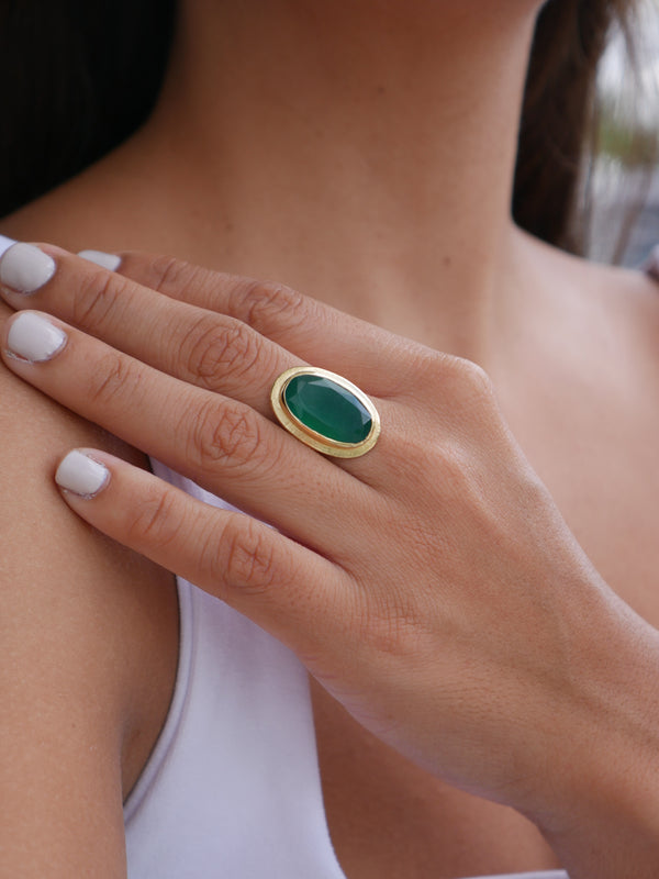 Green Onyx Gold Ring, 925 Sterling Silver,  18k Gold Plated Natural Onyx Gemstone Oval Vintage Style Ring