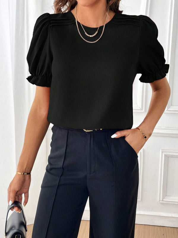 Solid Color Round Neck Flounce Short Sleeve Blouse Women's Casual Workwear Fashion