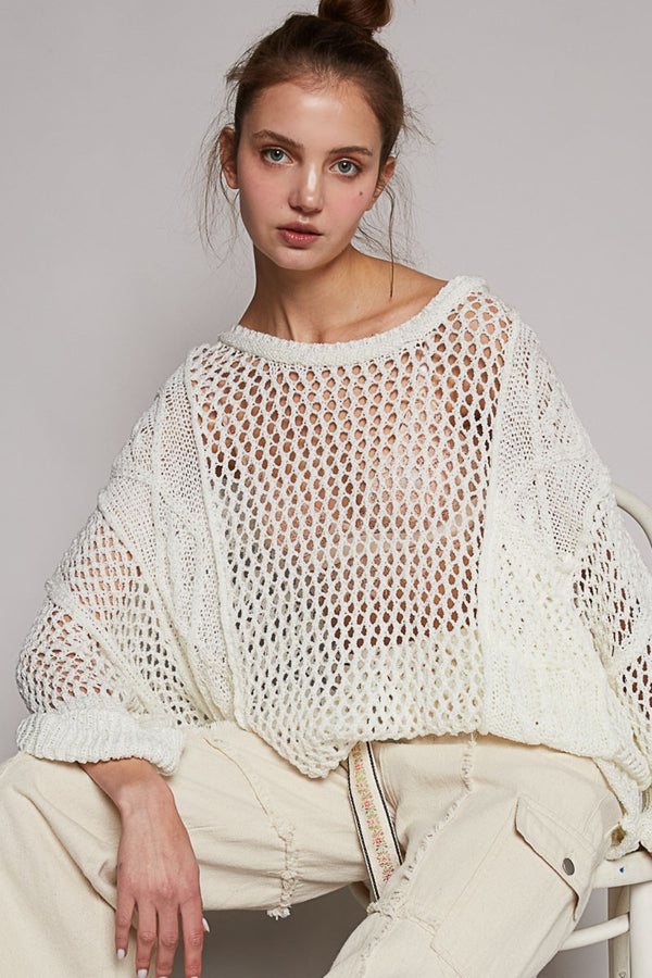 White Crochet Openwork Long Sleeve Knit Cover Up