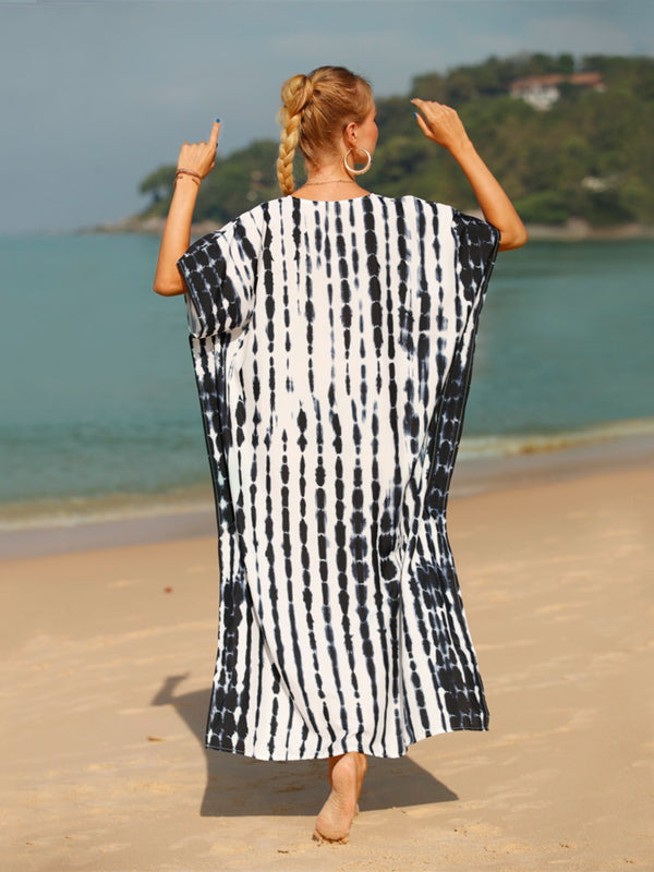 Swimsuit  Cover-Up  Dress Oversized Tunic Beach Dress Boho Fashion Tie-Dye V-Neck Half Sleeve Cover-Up