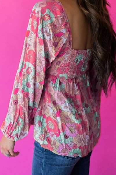 Women's Floral Shirt Smocked Printed Square Neck Balloon Sleeve Blouse