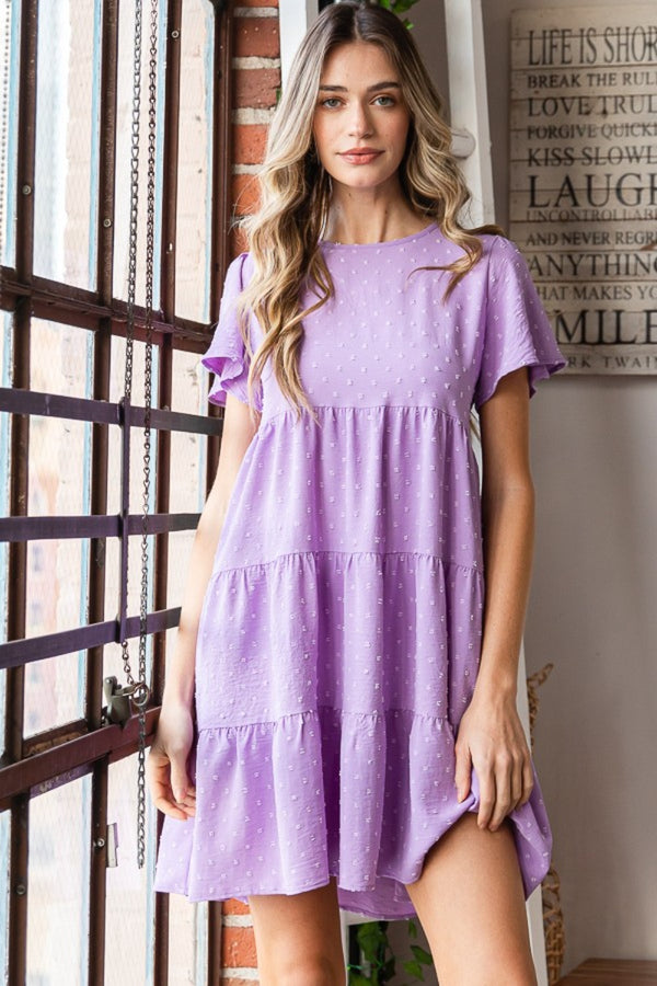 Women's Lilac Swiss Dot Short Sleeve Tiered Short Dress Petite and Plus Size Fashion Dresses