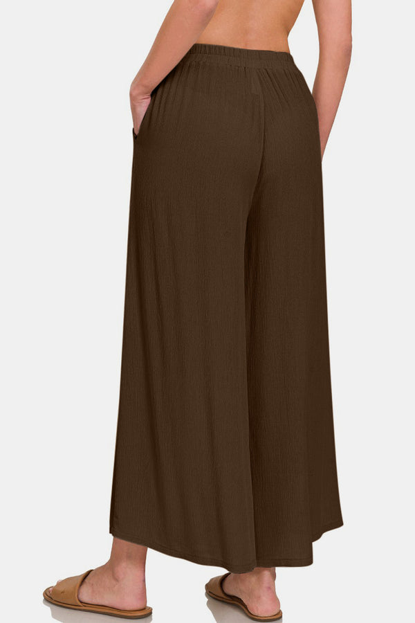 Womens Brown Woven Wide Leg Pants With Pockets Flowy Comfortable Pants