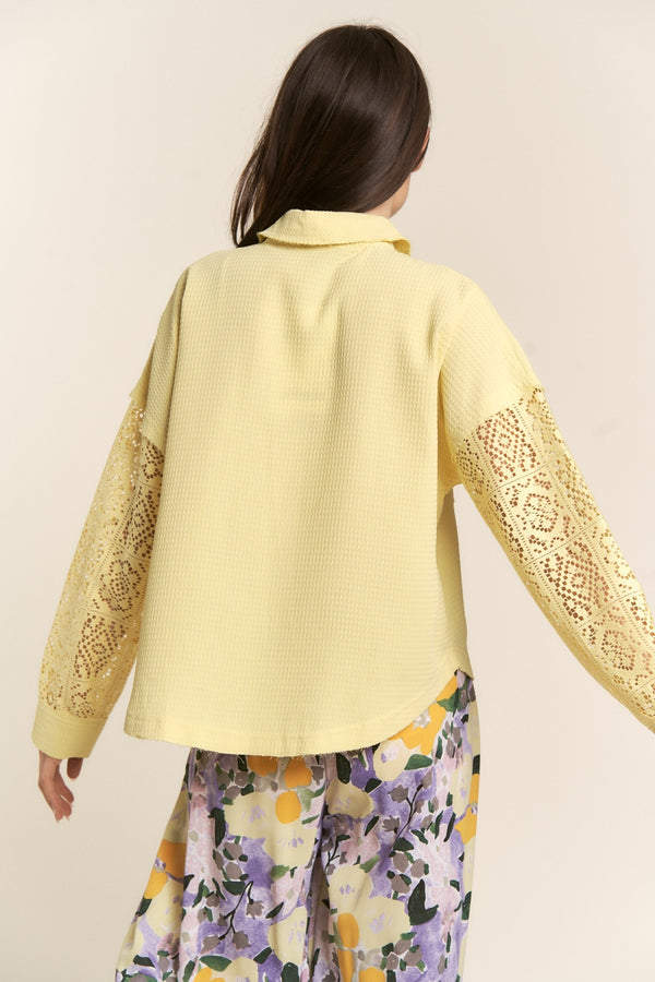 Yellow Button Down Lace Long Sleeve Waffle Shirt Women's Fashion KESLEY