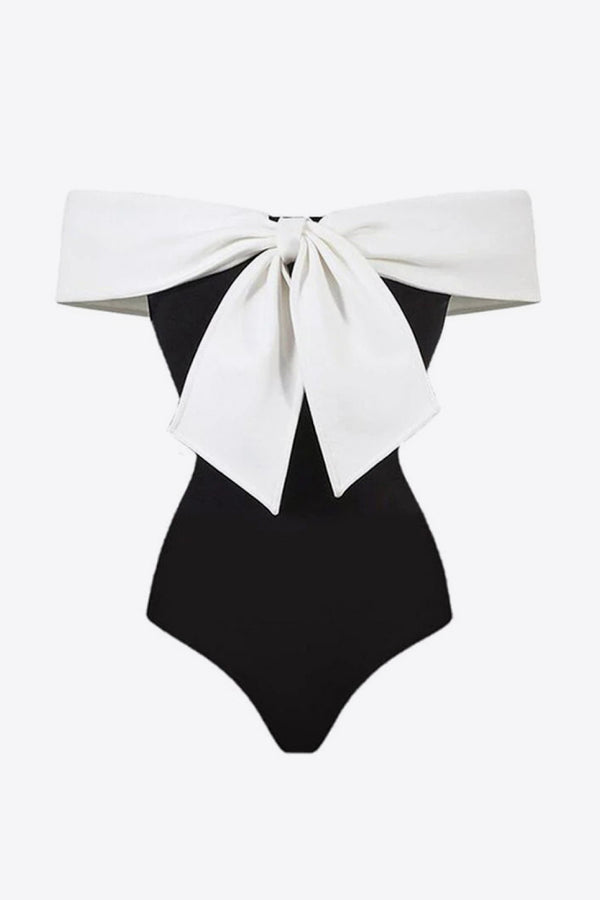 One Piece Swimsuit Set Black and White Contrast Bow Detail Two-Piece Swim Set Includes cover up and bathing suit