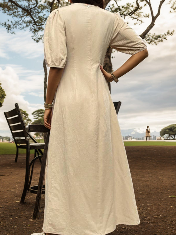 Casual Dress 100% Cotton Short Sleeve Women's Luxury Fashion Twisted V-Neck Half Sleeve Dress