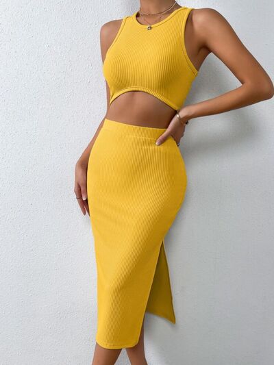 Skirt and Crop Top Matching Outfit Set Women's Fashion Ribbed Round Neck Tank and Slit Skirt Sweater two Piece Set