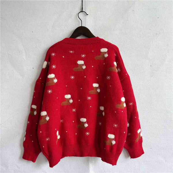 Printed Round Neck Drop Shoulder Christmas Sweater