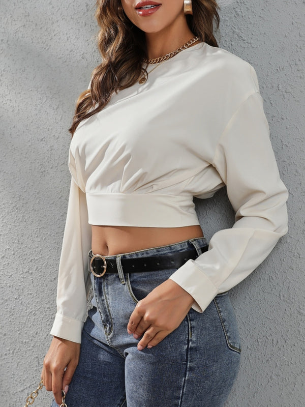 Crop Top Shirt New Women's Fashion Casual Round Neck Long Sleeve Cropped Blouse