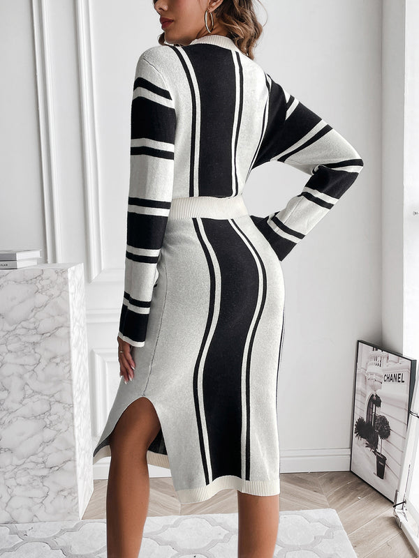 Black and White Slit Striped Mock Neck Sweater Dress