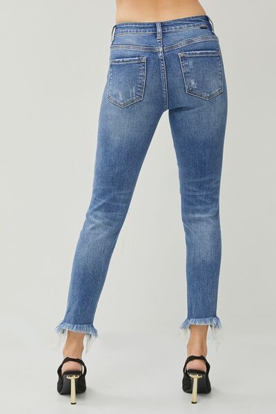 Women's Distressed Frayed Hem Slim Jeans Anklet Length