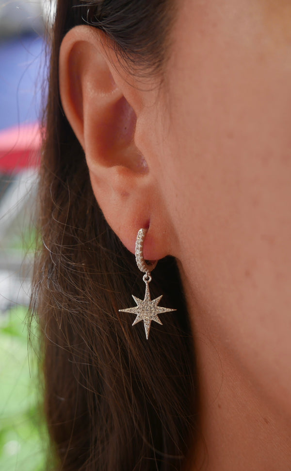 Starburst Earrings, Diamond Pave CZ Star Charm Sterling Silver Huggie Hoop Earrings