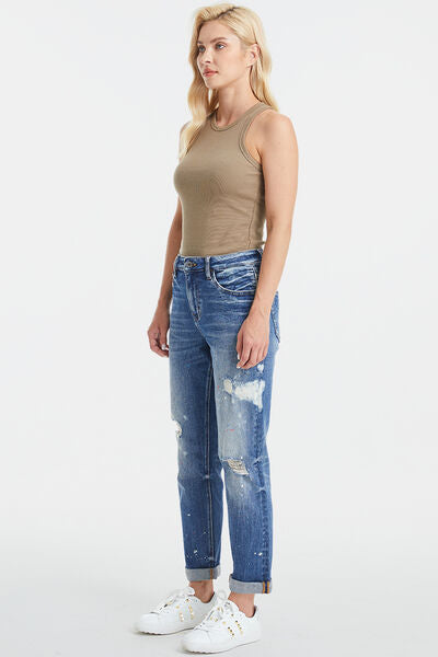 High Waist Ripped Jeans Women's Distressed Paint Splatter Pattern Premium Cotton Denim Jeans Petite and Plus Size Fashion