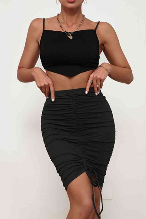 Womens Sexy Spaghetti Strap Cropped Top and Ruched Skirt Set