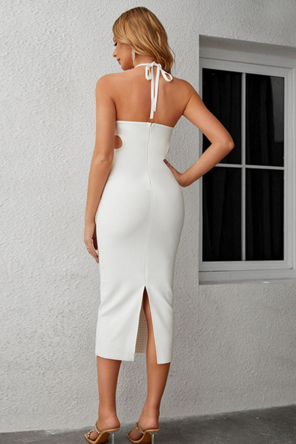 White Halter Neck Midi Dress New Women's Fashion Rhinestone Waist Cutout Slit Bodycon  KESLEY