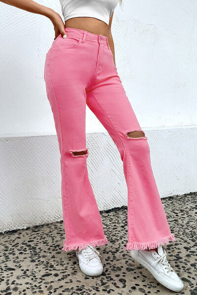 Women’s Pink Pants Distressed Raw Hem Bootcut Ripped Jeans