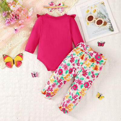 Bow Ruffled Round Neck Bodysuit and Printed Pants Set, Kids Fashion, Baby clothes, baby gifts