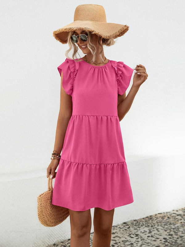 Solid Color Casual Short Sleeve Short Dress Women's fashion Ruffled Round Neck Cap Sleeve Mini Dress