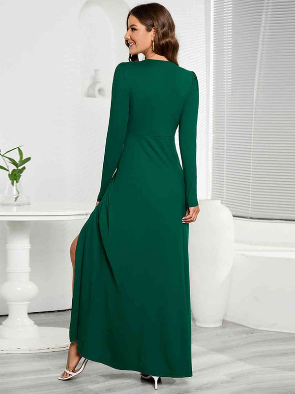 Women's V-Neck Long Sleeve Split  High Slit Maxi Dress