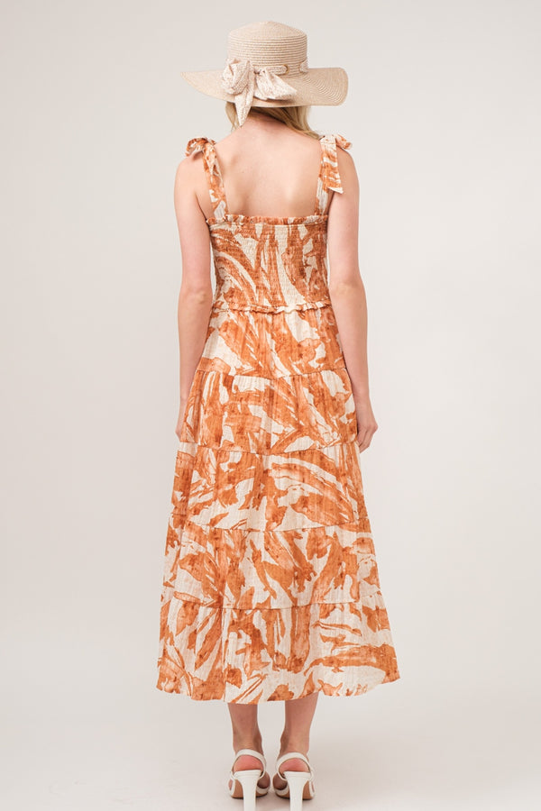 Orange Printed Casual Maxi Dress Women's Shoulder Tie Smocked Midi Tiered Dress women’s fashion summer dresse KESLEYs
