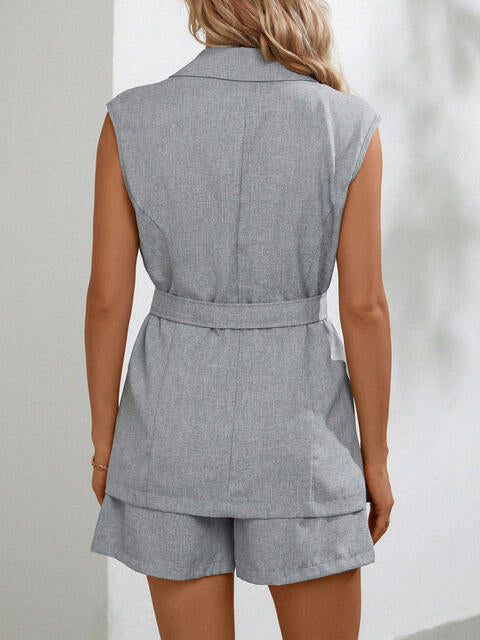 Women's Matching Outfit Set Grey Sleeveless Blazer and Shorts Set with Pockets