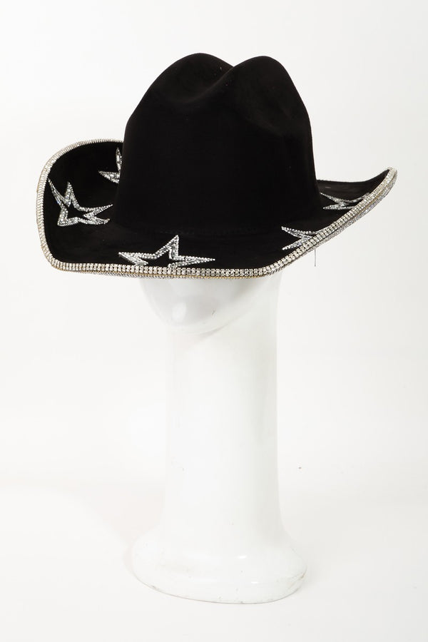 Women's Black Cowboy Hat Rhinestone Star Wide Brim Faux Suede Hat