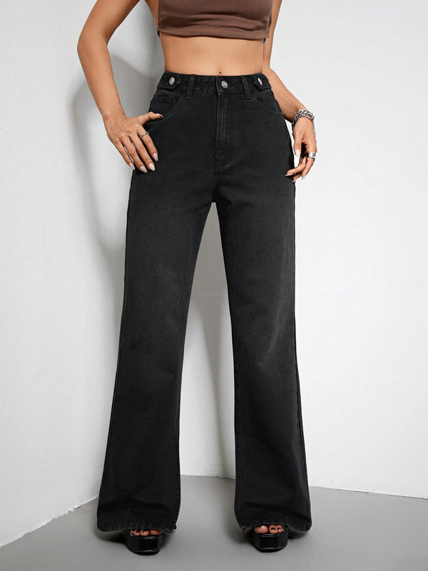 Black High Waist Straight Jeans Cotton Premium Luxury Women's fashion KESLEY